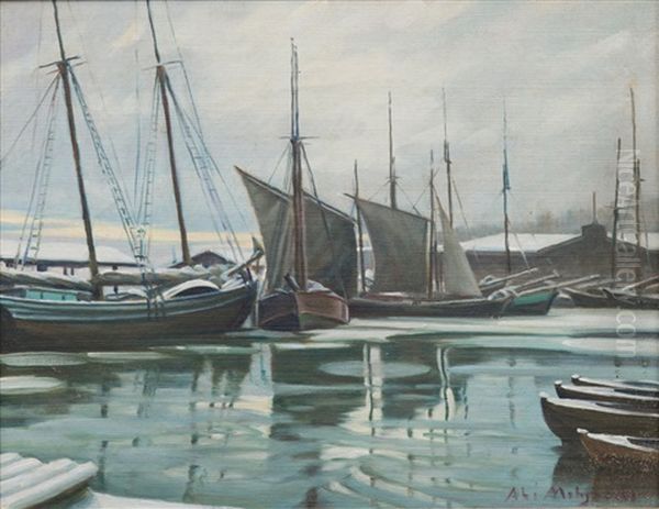 Boats On The River Aura Oil Painting by Ali Munsterhjelm
