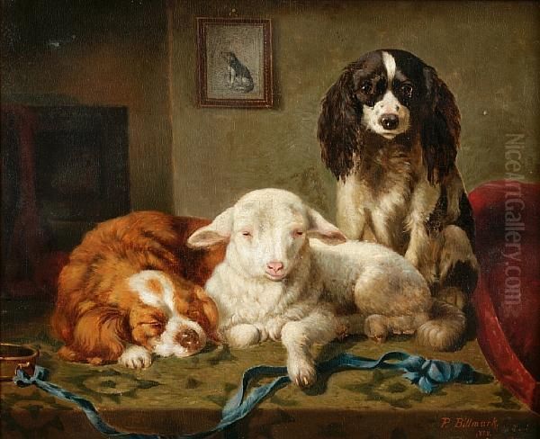 Spaniels And Lamb Oil Painting by P. Billmark