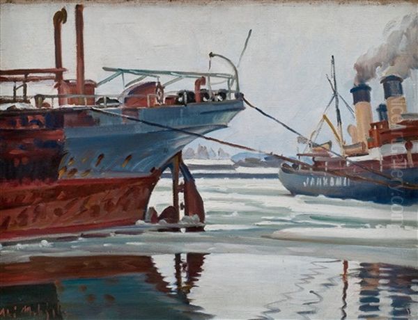 The Icebreaker Jaakarhu In Hietalahti, Helsinki Oil Painting by Ali Munsterhjelm
