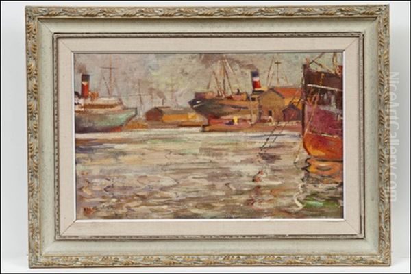 Satama-aihe - Hamnmotiv Oil Painting by Ali Munsterhjelm