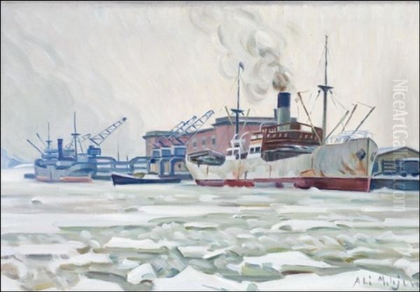 Talvinen Satama - Vinter I Hamnen Oil Painting by Ali Munsterhjelm