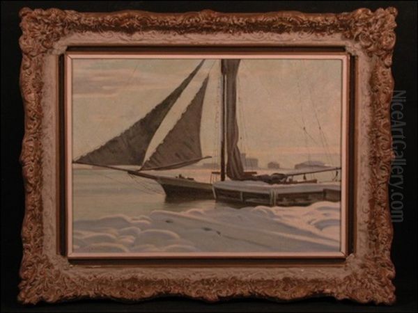 Talvisatamassa - I Vinterhamnen Oil Painting by Ali Munsterhjelm