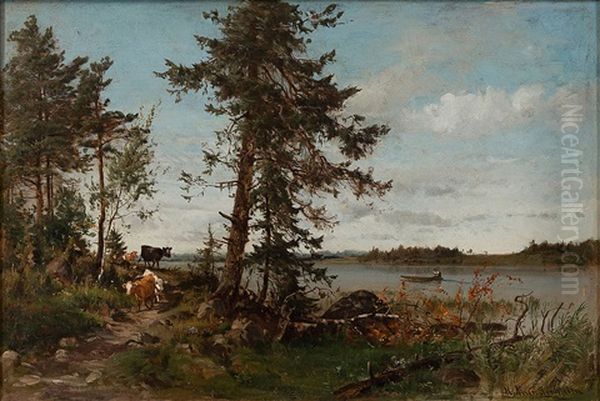 Summer Landscape With Cows Oil Painting by Magnus Hjalmar Munsterhjelm