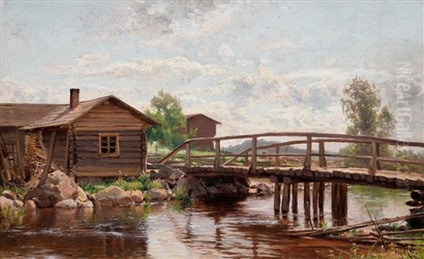 Morning Atmosphere By The River Oil Painting by Magnus Hjalmar Munsterhjelm
