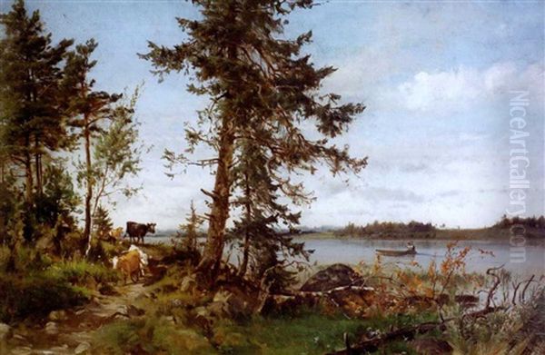 Lehmia Rantapolulla Oil Painting by Magnus Hjalmar Munsterhjelm