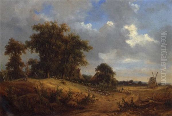 Partie Bei Bremen Mit Windmuhle Und Schafer Oil Painting by David Heinrich Munter