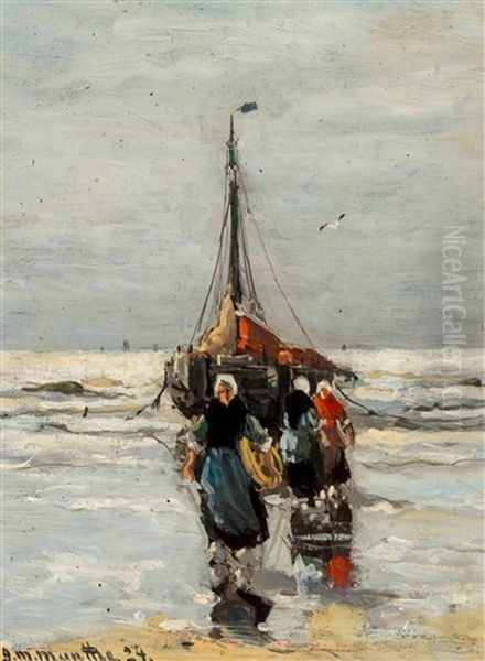 Fishers' Wives Near A 'bomschuit' In The Surf Oil Painting by Gerhard Arij Ludwig Morgenstje Munthe