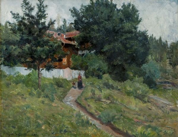 Kvinne Og Hund Utenfor Stakittgjerde 1887 Oil Painting by Gerhard Arij Ludwig Morgenstje Munthe