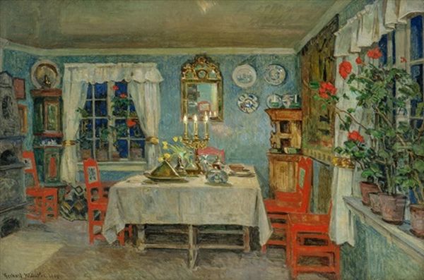 Interior Fra Kunstnerens Spisestue Pa Lagasen 1909 Oil Painting by Gerhard Arij Ludwig Morgenstje Munthe