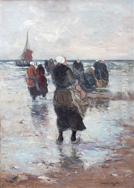 Fisherfolk On The Beach Awaiting The Day's Catch Oil Painting by Gerhard Arij Ludwig Morgenstje Munthe