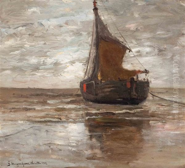 Bomschuit Riding At Anchor, At Low Tide Oil Painting by Gerhard Arij Ludwig Morgenstje Munthe