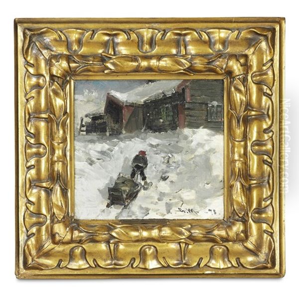 Boy With A Sledge At A Cabin In The Mountain Pastures Oil Painting by Gerhard Arij Ludwig Morgenstje Munthe