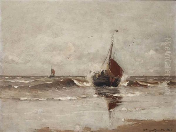 A Bomschuit Setting Out To Sea Oil Painting by Gerhard Arij Ludwig Morgenstje Munthe