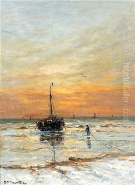 Vissersboot Op Winters Strand Bij Avondrood Oil Painting by Gerhard Arij Ludwig Morgenstje Munthe