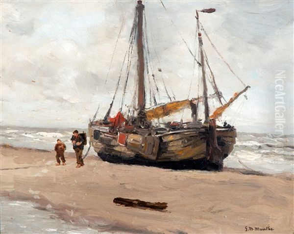 Vissers Bij Bomschuit Op Het Strand Oil Painting by Gerhard Arij Ludwig Morgenstje Munthe