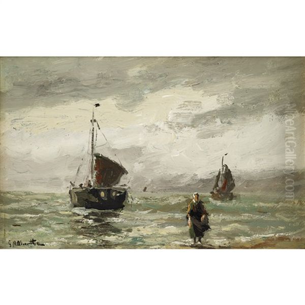 Boats And Fisher Woman Along The Coast Oil Painting by Gerhard Arij Ludwig Morgenstje Munthe