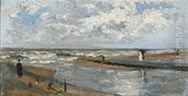 Coastal Scene With Persons In A Storm Oil Painting by Gerhard Arij Ludwig Morgenstje Munthe