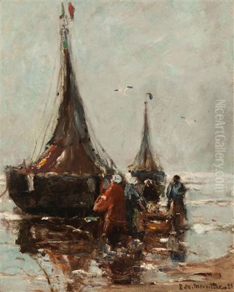 Bomschuit On The Beach Oil Painting by Gerhard Arij Ludwig Morgenstje Munthe