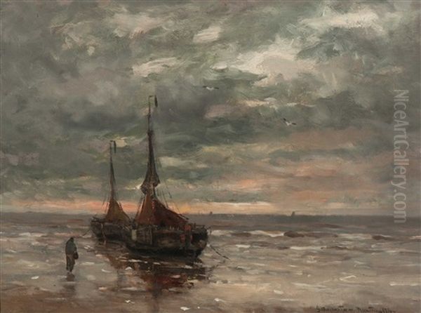 Bomschuiten At Anchor Oil Painting by Gerhard Arij Ludwig Morgenstje Munthe