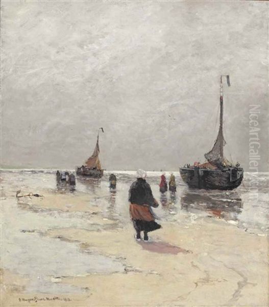 Bomschuiten On The Beach, Scheveningen Oil Painting by Gerhard Arij Ludwig Morgenstje Munthe