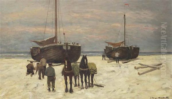 Bomschuiten And Horses On The Beach Oil Painting by Gerhard Arij Ludwig Morgenstje Munthe