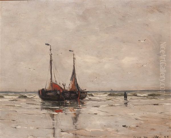 Anchored Bomschuiten At Dawn Oil Painting by Gerhard Arij Ludwig Morgenstje Munthe