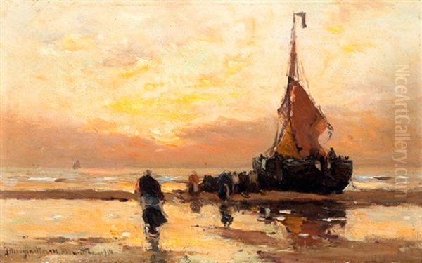 Bomschuit Op Strand Bij Zonsondergang Oil Painting by Gerhard Arij Ludwig Morgenstje Munthe