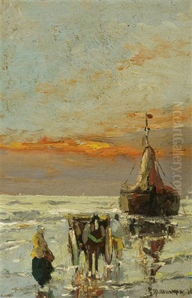 Kustenlandschaft Mit Schiff Und Pferdekutsche Oil Painting by Gerhard Arij Ludwig Morgenstje Munthe