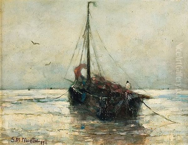 Barque De Peche Sur La Plage Oil Painting by Gerhard Arij Ludwig Morgenstje Munthe