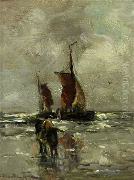 A Horse And Rider On A Beach With Two Boats Offshore Oil Painting by Gerhard Arij Ludwig Morgenstje Munthe