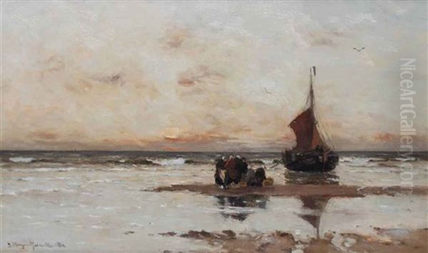 Fisherwomen By A Beached Bomschuit Oil Painting by Gerhard Arij Ludwig Morgenstje Munthe