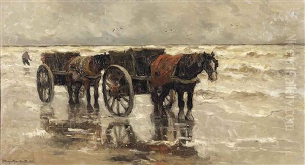 Shell Fisher On The Beach Oil Painting by Gerhard Arij Ludwig Morgenstje Munthe
