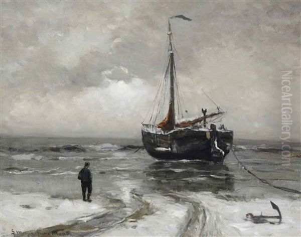 A Bomschuit Anchored In Winter Oil Painting by Gerhard Arij Ludwig Morgenstje Munthe