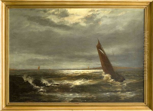 Seestuck Bei Mondlicht Mit Seglern Und Der Kuste Mit Leuchtturm Im Hintergrund Oil Painting by Gerhard Arij Ludwig Morgenstje Munthe