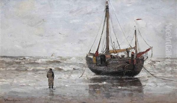A Bomschuit On The Beach Oil Painting by Gerhard Arij Ludwig Morgenstje Munthe