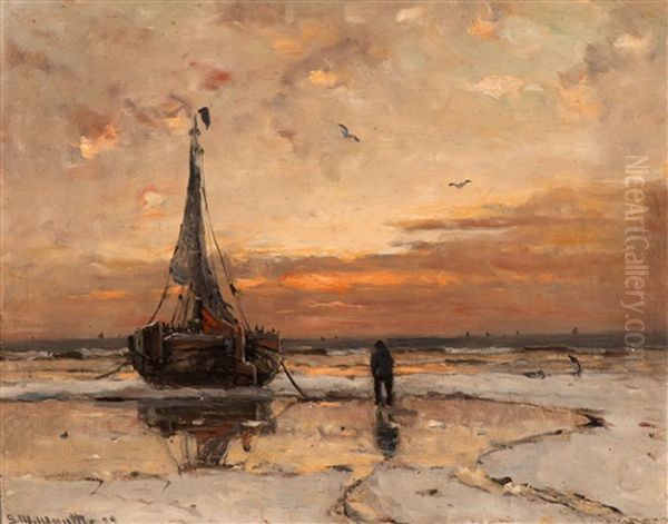 Anchored Barge At Dusk Oil Painting by Gerhard Arij Ludwig Morgenstje Munthe