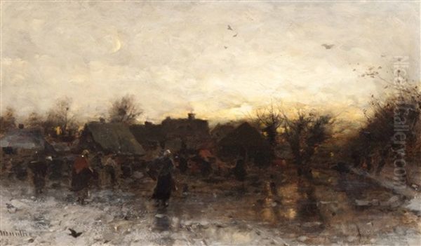Winter Fun In The Village At Dusk Oil Painting by Gerhard Arij Ludwig Morgenstje Munthe