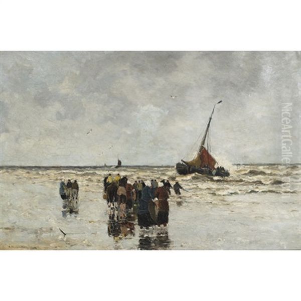 Fisherfolk On The Beach Hauling In The Day's Catch Oil Painting by Gerhard Arij Ludwig Morgenstje Munthe