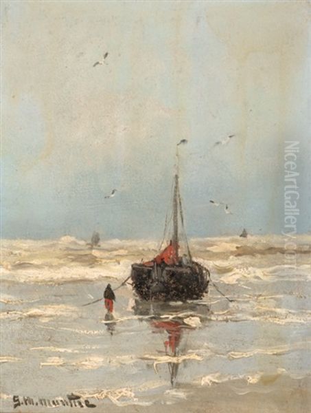 Fishermen And Boat On The Beach Oil Painting by Gerhard Arij Ludwig Morgenstje Munthe