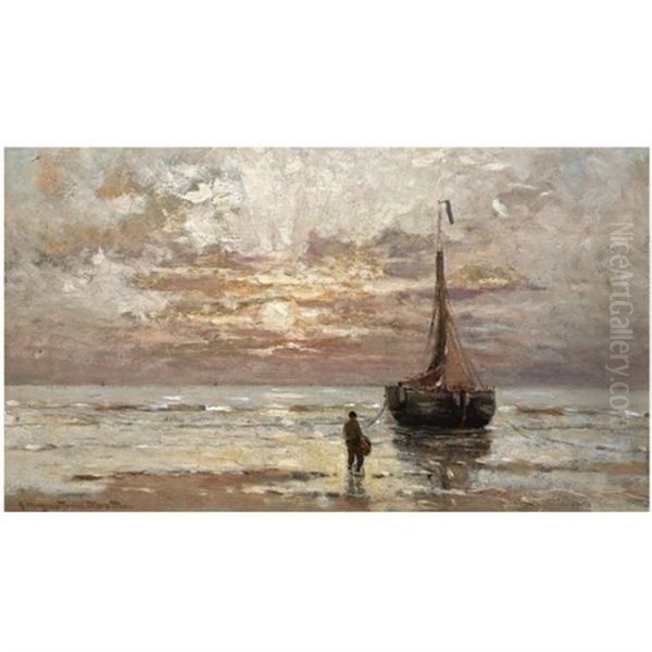 A Figure Near A Moored Bomschuit In The Breakers Oil Painting by Gerhard Arij Ludwig Morgenstje Munthe