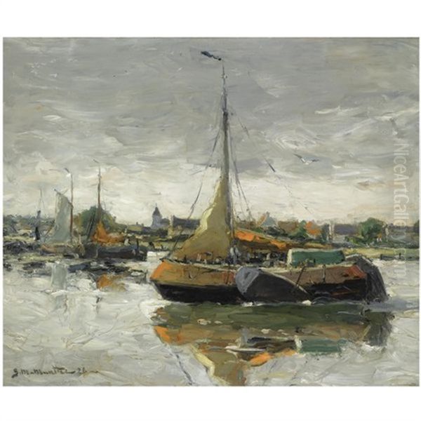 Fishing Boats In The Harbour Near Hengst, Belgium Oil Painting by Gerhard Arij Ludwig Morgenstje Munthe