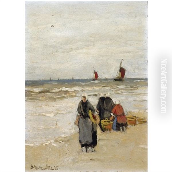 Fisherwomen On The Beach Oil Painting by Gerhard Arij Ludwig Morgenstje Munthe