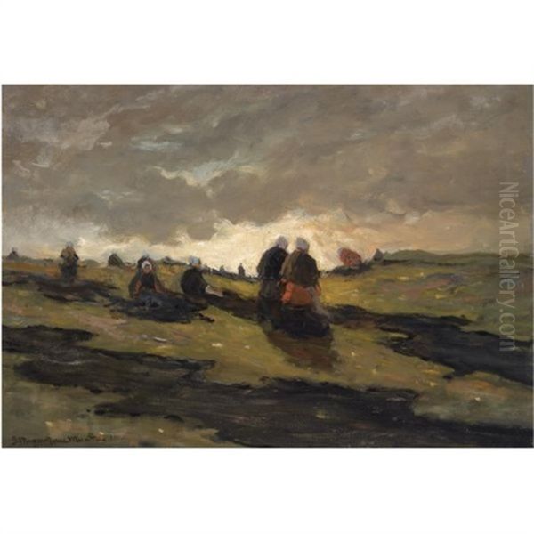 Women Mending Nets In The Dunes Oil Painting by Gerhard Arij Ludwig Morgenstje Munthe