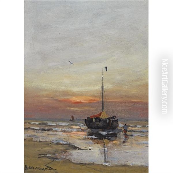 A Bomschuit In The Breakers At Sunset Oil Painting by Gerhard Arij Ludwig Morgenstje Munthe