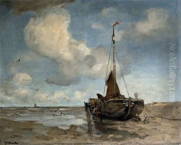 A Bomschuit On The Beach Oil Painting by Gerhard Arij Ludwig Morgenstje Munthe