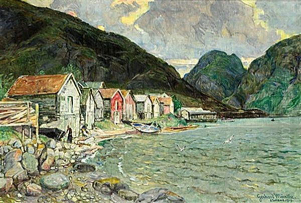 Sjoboder I Aurland Oil Painting by Gerhard Arij Ludwig Morgenstje Munthe