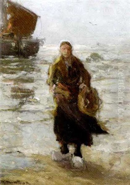 Fishing Girl On The Beach Oil Painting by Gerhard Arij Ludwig Morgenstje Munthe