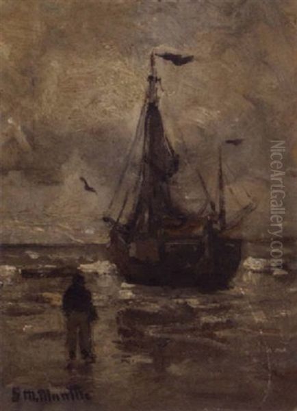 A Bomschuit On The Beach On A Grey Day Oil Painting by Gerhard Arij Ludwig Morgenstje Munthe