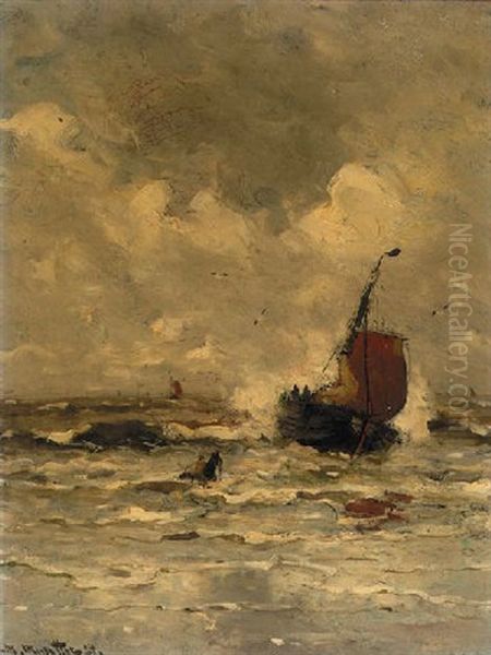 A Bomschuit In The Breakers Oil Painting by Gerhard Arij Ludwig Morgenstje Munthe
