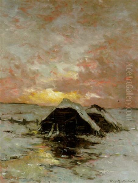 Winterliche Eislandschaft Mit Scheunen Im Abendlicht Oil Painting by Gerhard Arij Ludwig Morgenstje Munthe